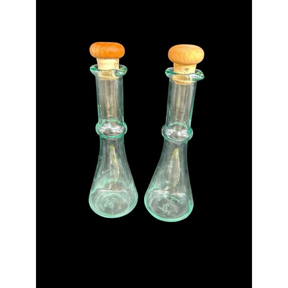 Set 2 Italian Cruet Glass Bottle Cork Stopper Green Tinted Embossed Glass 156ml